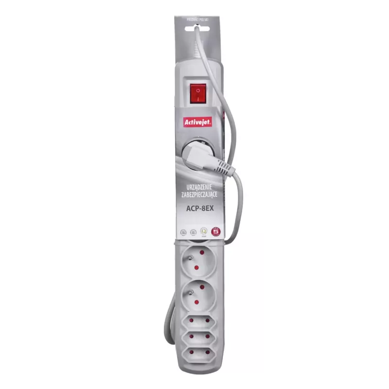 Prailginimo blokas ActiveJet APN-8G/5M-GR – 8 lizdai (E/C tipas), 5 m laidas, 10 A, 230 V, pilka