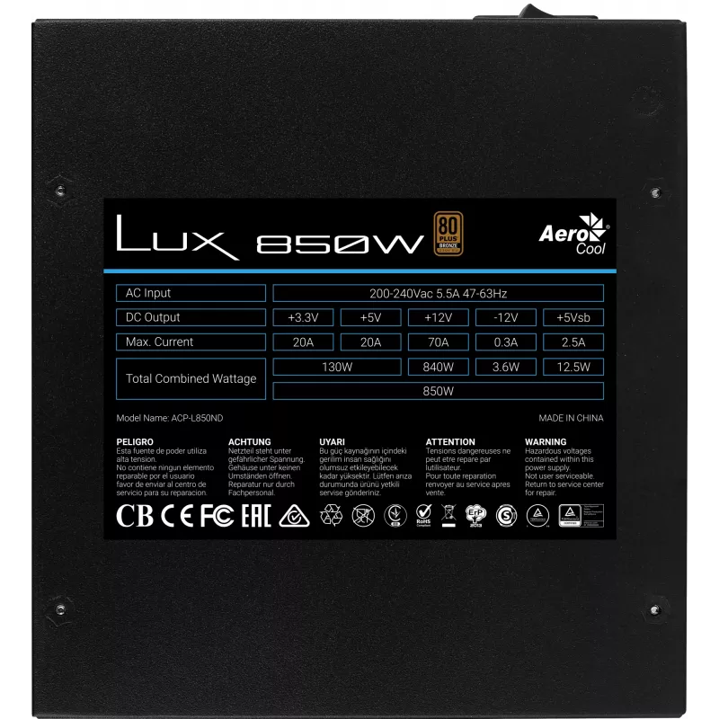 Aerocool LUX850 850W maitinimo blokas 80 Plus Bronze 230V 88% efektyvumas juodas