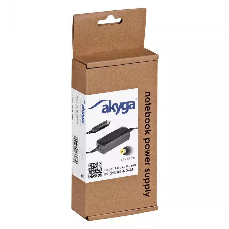 Akyga AK-ND-43 automobilinis maitinimo adapteris Acer nešiojamiesiems kompiuteriams, 90 W, 19 V / 4,74 A, 5,5 x 1,7 mm, 12 V įėjimas