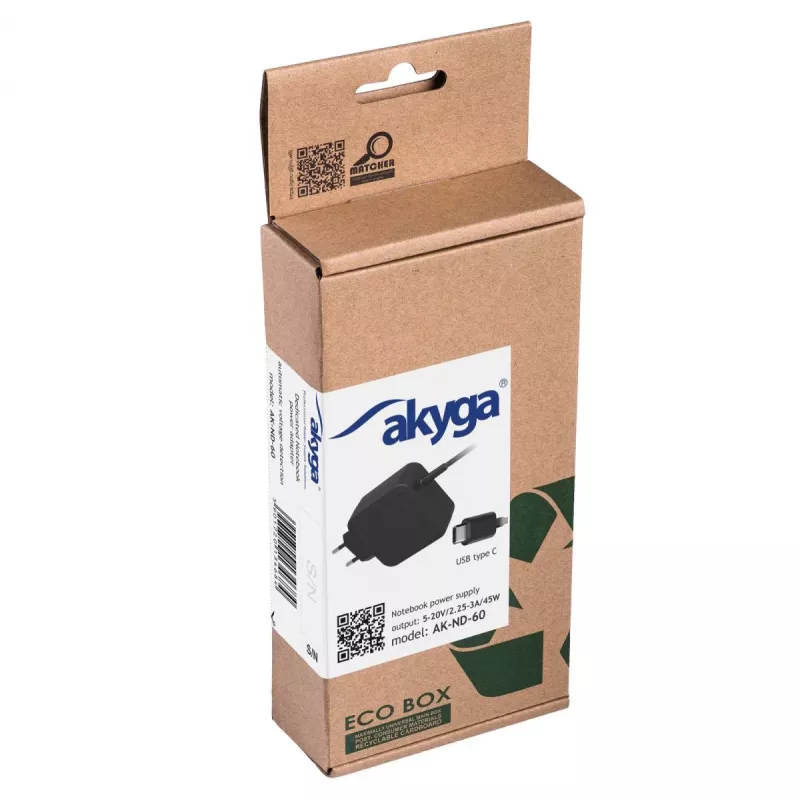 Akyga AK-ND-60 USB-C nešiojamojo kompiuterio maitinimo adapteris 45 W, Power Delivery, 5–20 V, 1,2 m
