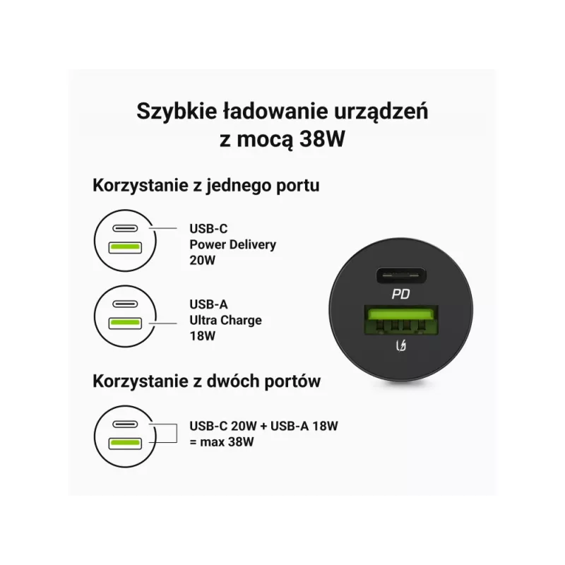 Automobilinis įkroviklis Green Cell CADM-GC-38AC 38W, 1x USB-C (PD 3.0) + 1x USB-A, aliumininis korpusas, juodas
