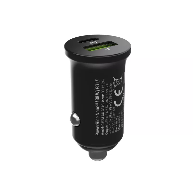 Automobilinis įkroviklis Green Cell CADM-GC-38AC 38W, 1x USB-C (PD 3.0) + 1x USB-A, aliumininis korpusas, juodas