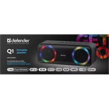 Nešiojamas Bluetooth garsiakalbis DEFENDER Q1 Juodas, 10 W RMS, 1200 mAh, Bluetooth 5.0, MicroSD, FM, AUX, USB