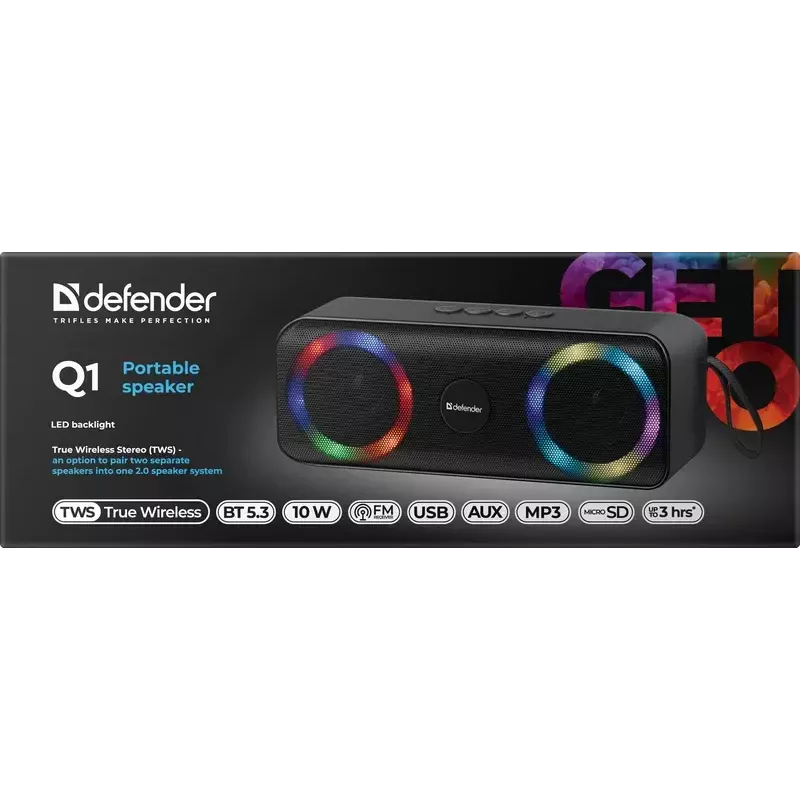Nešiojamas Bluetooth garsiakalbis DEFENDER Q1 Juodas, 10 W RMS, 1200 mAh, Bluetooth 5.0, MicroSD, FM, AUX, USB