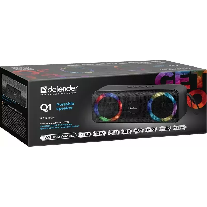 Nešiojamas Bluetooth garsiakalbis DEFENDER Q1 Juodas, 10 W RMS, 1200 mAh, Bluetooth 5.0, MicroSD, FM, AUX, USB