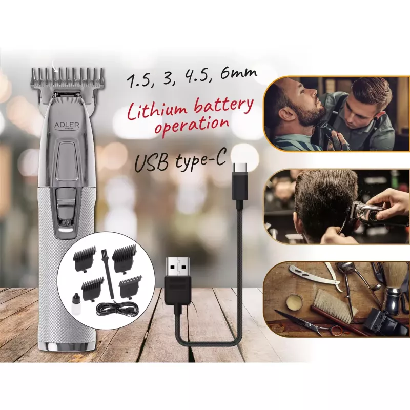 Barzdos kirpimo mašinėlė Adler AD 2836S, belaidė, ličio baterija, 0,9–6 mm, 4 ilgio pakopos, nerūdijančio plieno peiliukai, sidabrinė