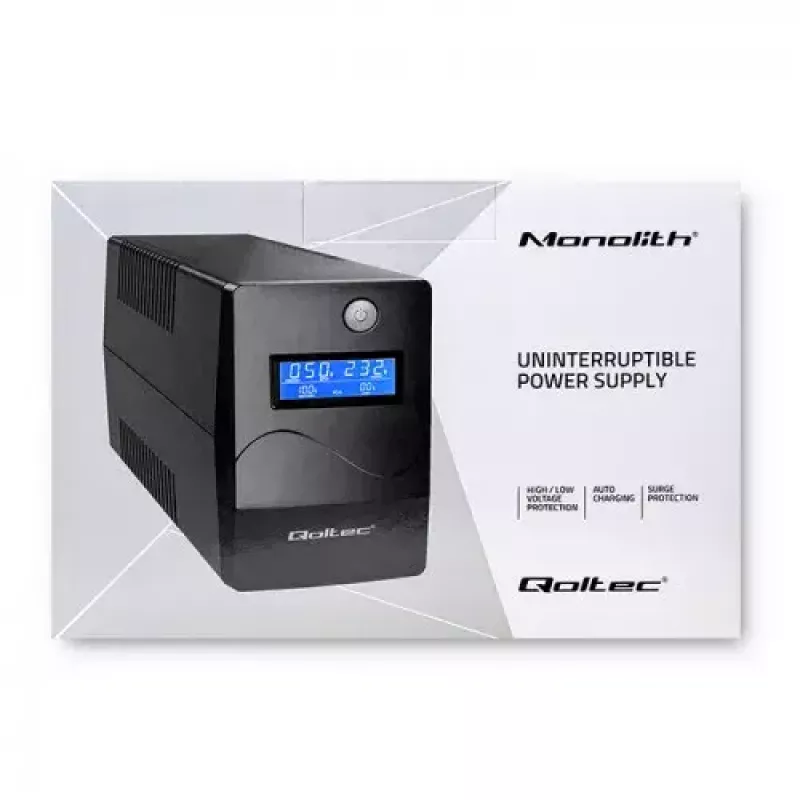 Qoltec Monolith 53979 nepertraukiamo maitinimo šaltinis (UPS), line-interactive, 850 VA / 480 W, 2 Schuko lizdai, LCD, USB, RJ45
