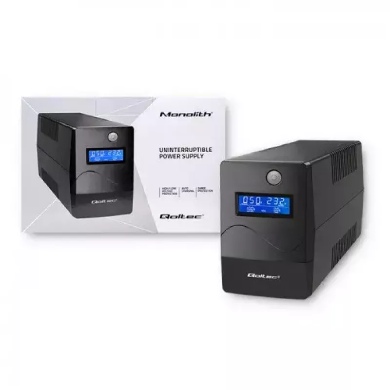 Qoltec Monolith 53979 nepertraukiamo maitinimo šaltinis (UPS), line-interactive, 850 VA / 480 W, 2 Schuko lizdai, LCD, USB, RJ45