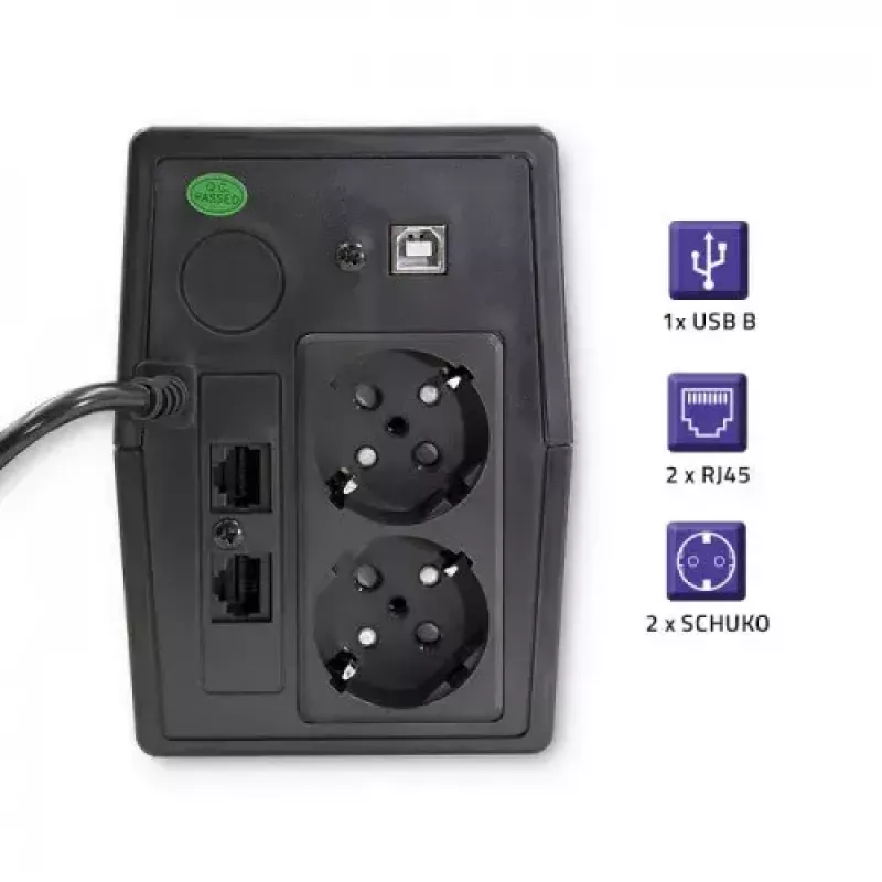 Qoltec Monolith 53979 nepertraukiamo maitinimo šaltinis (UPS), line-interactive, 850 VA / 480 W, 2 Schuko lizdai, LCD, USB, RJ45