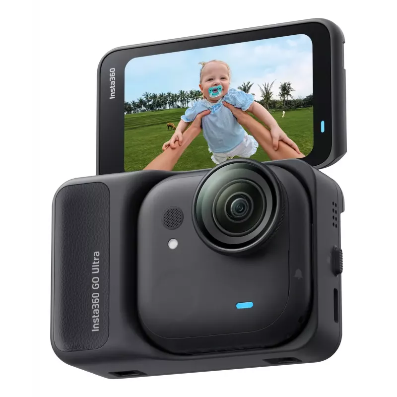 Veiksmo kamera Insta360 GO Ultra Standard Black — 4K Ultra HD 3840×2880, 1/1.28 colio jutiklis, 240 kadrų/s, Wi‑Fi, įmontuotas ekranas, MicroSD, 52,9 g