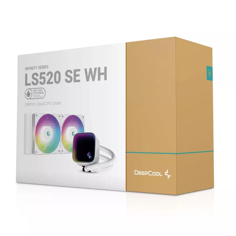 Vandens aušintuvas „viskas viename“ DeepCool LS520 SE WH — 240 mm radiatorius, 2x 120 mm PWM ventiliatoriai, balta spalva, varinis pagrindas