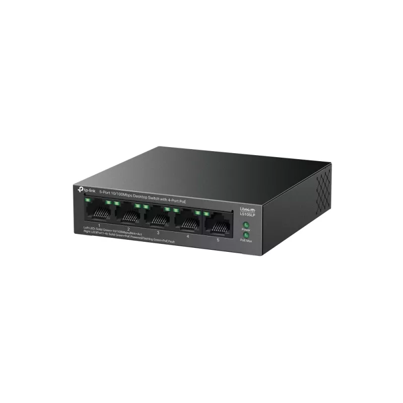Nevaldomas komutatorius TP-LINK LS105P, 5x Fast Ethernet (10/100) prievadai, 4x PoE prievadai, 1 Gbit/s perjungimo talpa, be ventiliatoriaus, juodas