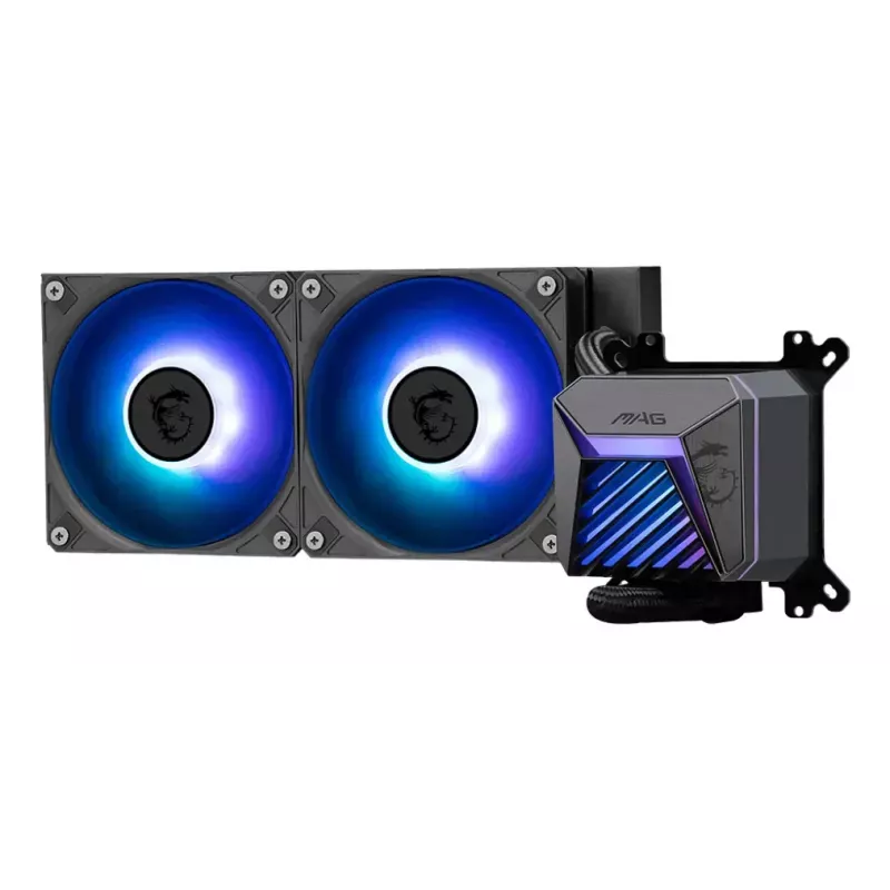 Vandens aušintuvas MSI MAG Coreliquid A15 240 — 240 mm radiatorius, 2×120 mm ventiliatoriai, LGA1700/AM4/AM5, juodas