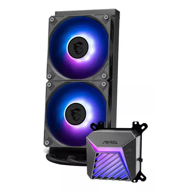 Vandens aušintuvas MSI MAG Coreliquid A15 240 — 240 mm radiatorius, 2×120 mm ventiliatoriai, LGA1700/AM4/AM5, juodas