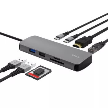 USB Type-C stotelė TRUST 25672 — HDMI, RJ-45, USB 3.2 Gen 1 Type-A/Type-C, SD/MicroSD, pilka