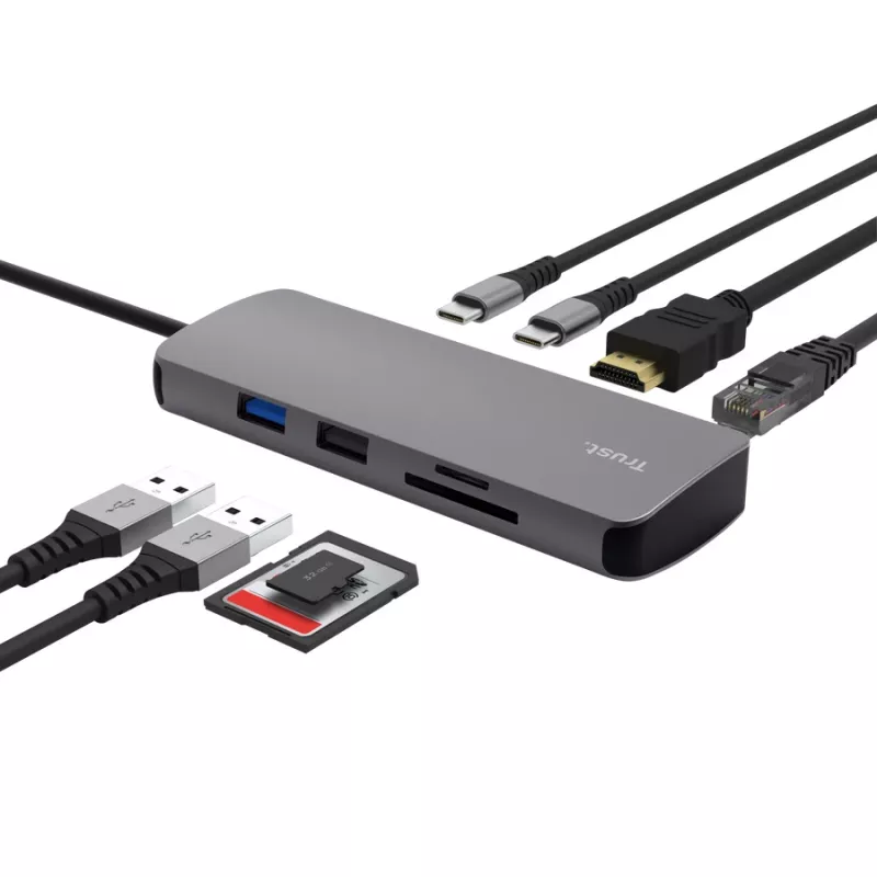 USB Type-C stotelė TRUST 25672 — HDMI, RJ-45, USB 3.2 Gen 1 Type-A/Type-C, SD/MicroSD, pilka