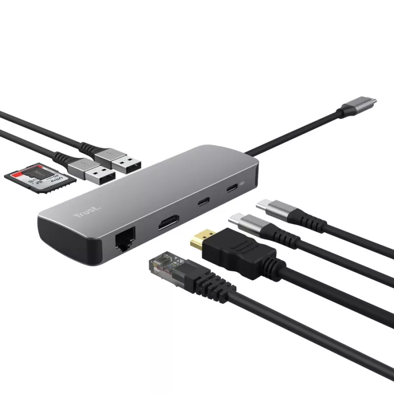 USB Type-C stotelė TRUST 25672 — HDMI, RJ-45, USB 3.2 Gen 1 Type-A/Type-C, SD/MicroSD, pilka