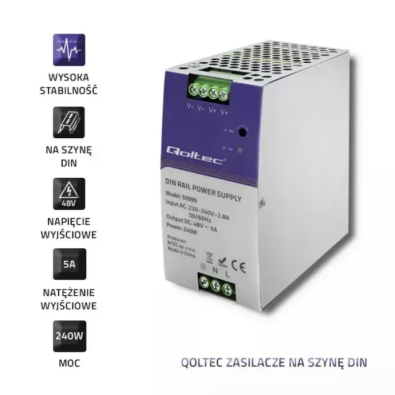 DIN bėgio maitinimo šaltinis QOLTEC 50999, 240W, 48V DC, 5A