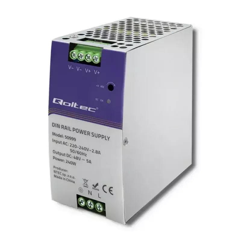 DIN bėgio maitinimo šaltinis QOLTEC 50999, 240W, 48V DC, 5A