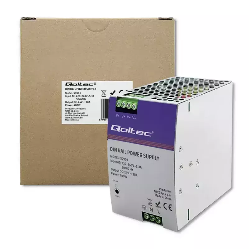 Pramoninis DIN bėgio maitinimo šaltinis QOLTEC 50901 – 480W, 24V DC, 20A