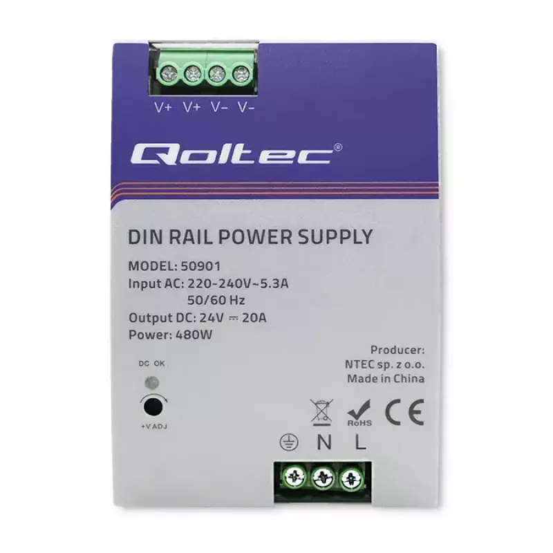 Pramoninis DIN bėgio maitinimo šaltinis QOLTEC 50901 – 480W, 24V DC, 20A