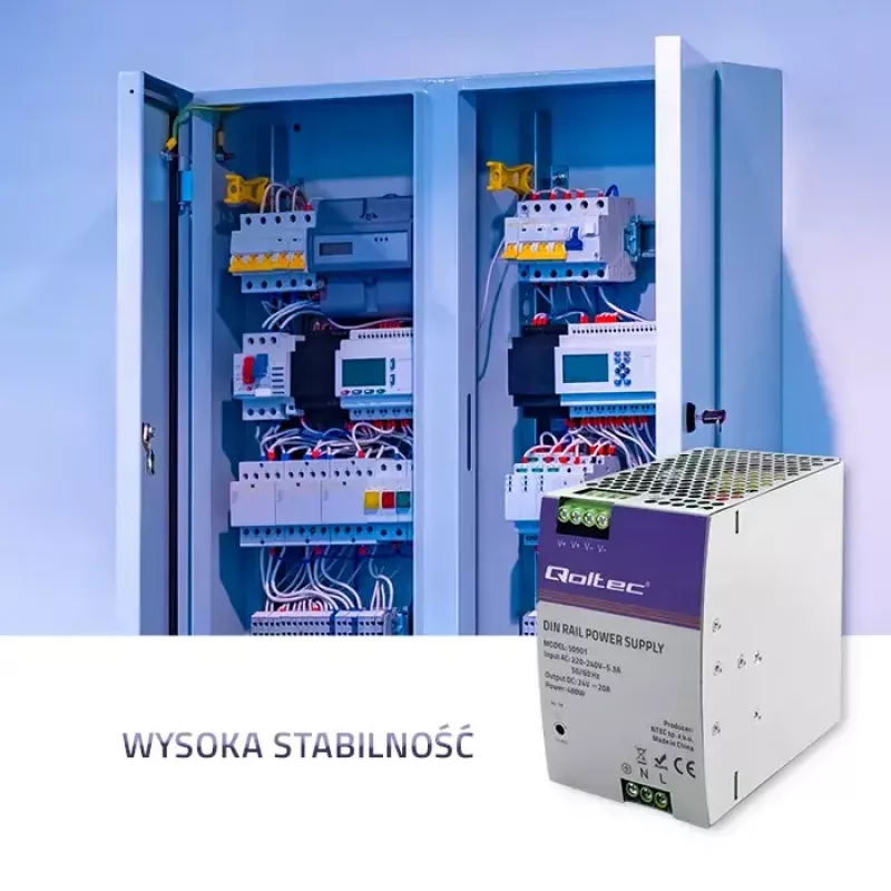 Pramoninis DIN bėgio maitinimo šaltinis QOLTEC 50901 – 480W, 24V DC, 20A
