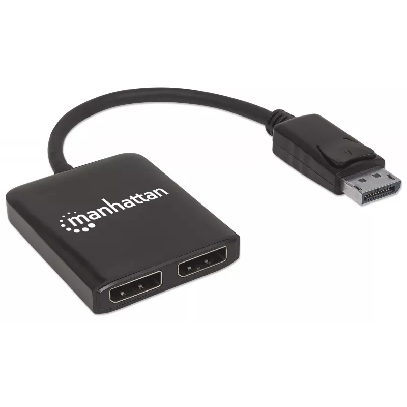 Manhattan DisplayPort 1.2 šakotuvas (1 į 2) su MST, 4K@30Hz, USB-A maitinimu, vaizdo sienos funkcija, juodos spalvos, MST – Multi-Stream Transport, 3 metų garantija