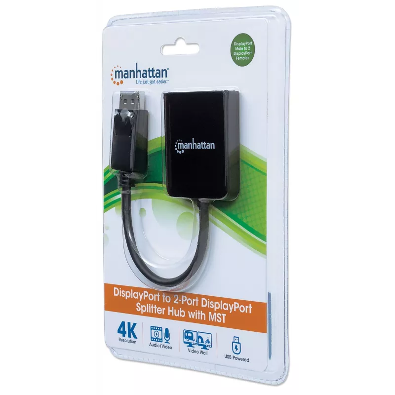 Manhattan DisplayPort 1.2 šakotuvas (1 į 2) su MST, 4K@30Hz, USB-A maitinimu, vaizdo sienos funkcija, juodos spalvos, MST – Multi-Stream Transport, 3 metų garantija