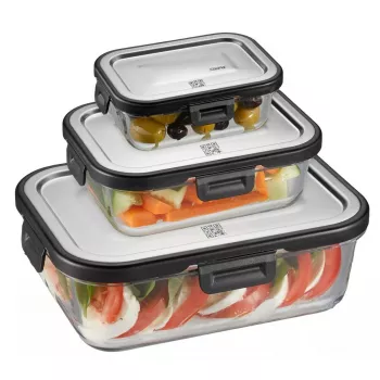Stiklinis stačiakampis maisto laikymo indų rinkinys GEFU Milo G-12799 — 3 vnt., karščiui atsparus, tinkamas plauti indaplovėje