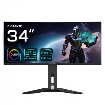 GIGABYTE MO34WQC2 34 colių OLED WQHD lenktas žaidimų monitorius - 3440 x 1440, 240Hz, 0,03ms, KVM, 250 cd/m², FreeSync Premium Pro, DisplayHDR True Black 400, HDMI 2.1, DisplayPort 1.4