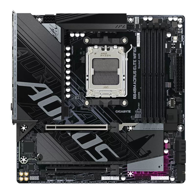GIGABYTE B840M AORUS ELITE WIFI6E pagrindinė plokštė – AMD Ryzen 9000, 10+2+2 VRM fazės, DDR5 iki 8200 MHz, 2x PCIe 4.0 M.2, Wi-Fi 6E, 2.5GbE LAN