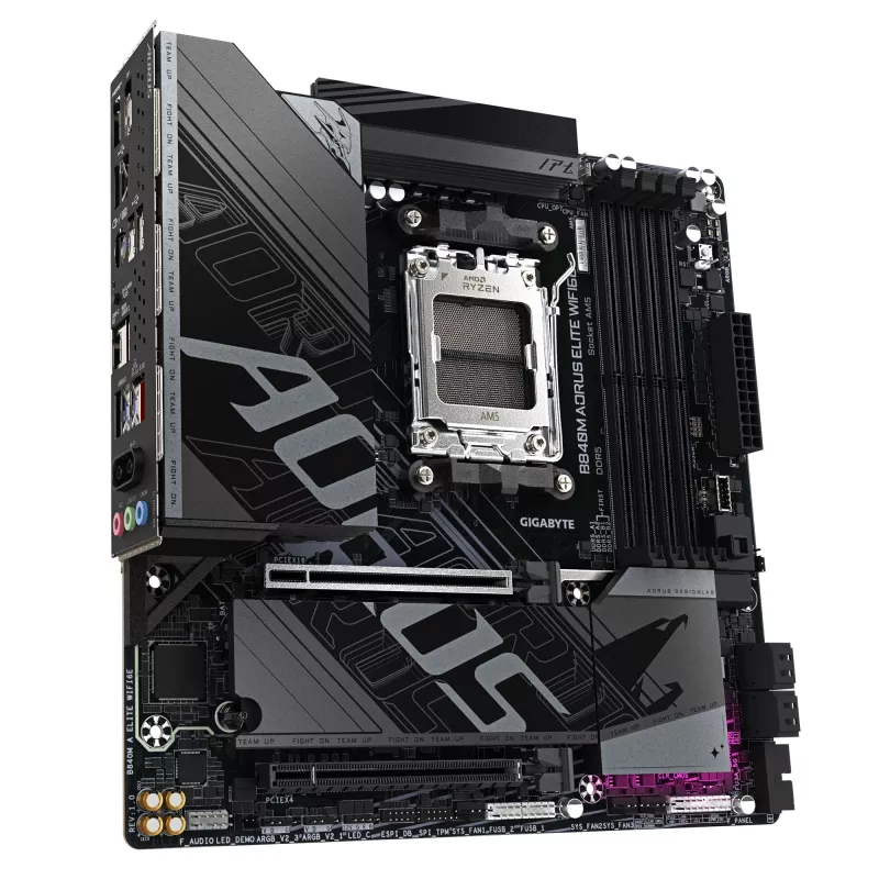 GIGABYTE B840M AORUS ELITE WIFI6E pagrindinė plokštė – AMD Ryzen 9000, 10+2+2 VRM fazės, DDR5 iki 8200 MHz, 2x PCIe 4.0 M.2, Wi-Fi 6E, 2.5GbE LAN