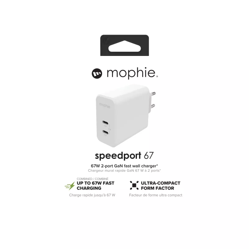mophie sieninis adapteris USB-C PD DUAL 67W GaN baltas EU (2xUSB-C)