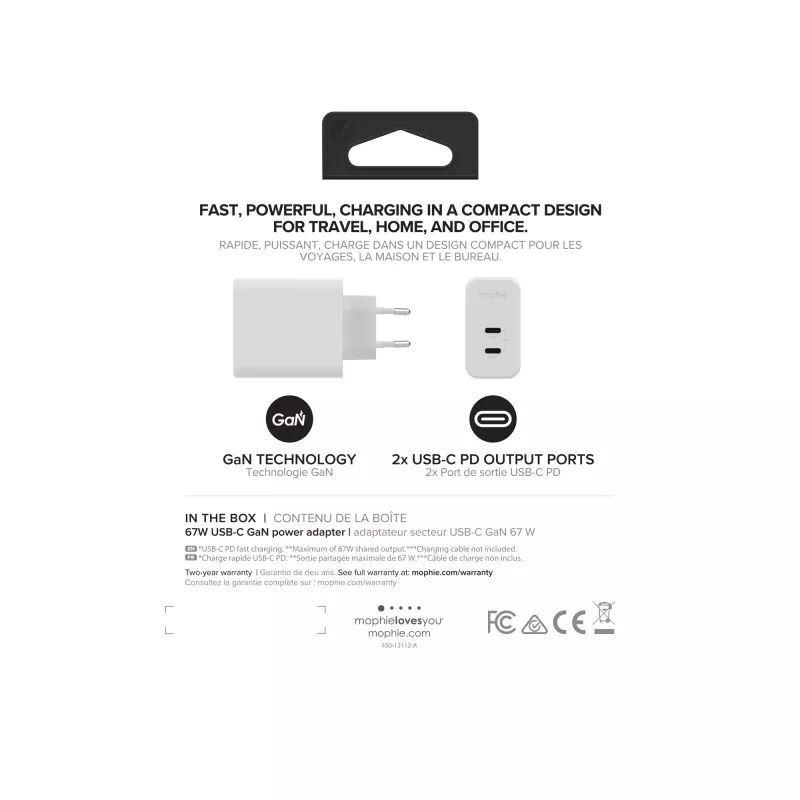 mophie sieninis adapteris USB-C PD DUAL 67W GaN baltas EU (2xUSB-C)