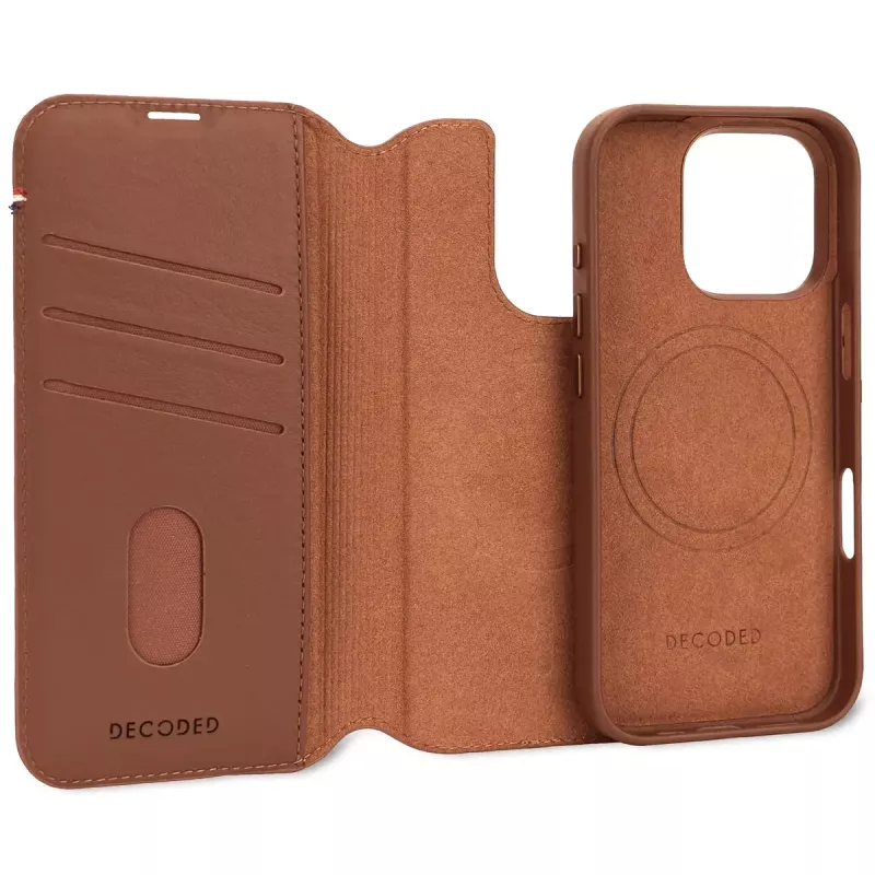Decoded odinis nuimamas piniginės dėklas iPhone 16 Pro — ruda spalva, natūrali oda, mikropluoštas, 6,3 colio ekranas, 3 kortelių kišenės