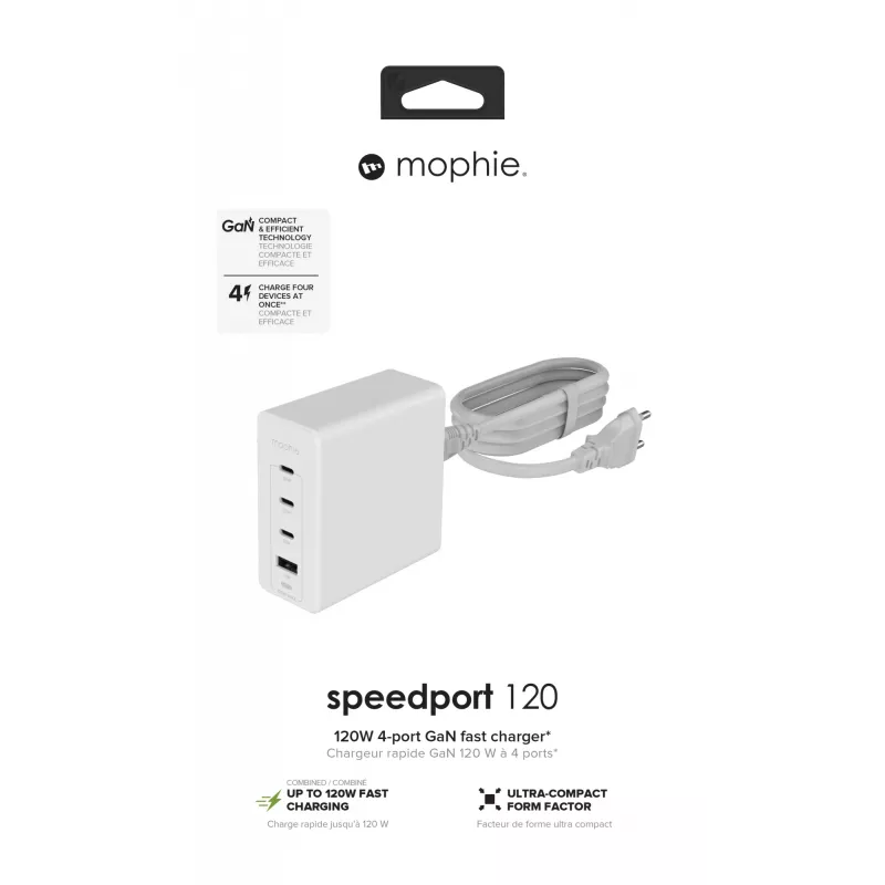 mophie Speedport 120 sieninis adapteris USB-C PD 120W GaN baltas EU (3xUSB-C + 1xUSB-A)
