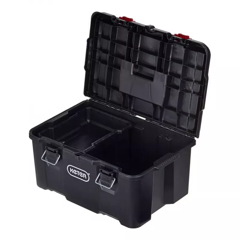 Keter 250927 – 3 vnt. sukraunamų technopolimerinių dėžių rinkinys su ratukais ir užraktu, 525×694×411 mm, juodos spalvos