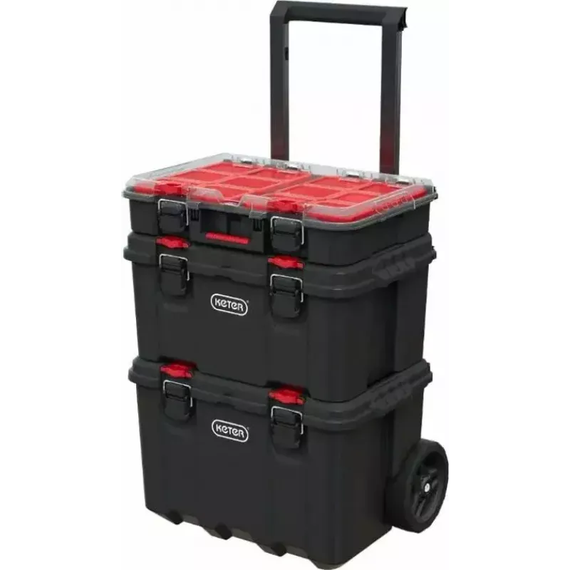 Keter 250927 – 3 vnt. sukraunamų technopolimerinių dėžių rinkinys su ratukais ir užraktu, 525×694×411 mm, juodos spalvos