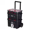 Keter 250927 – 3 vnt. sukraunamų technopolimerinių dėžių rinkinys su ratukais ir užraktu, 525×694×411 mm, juodos spalvos