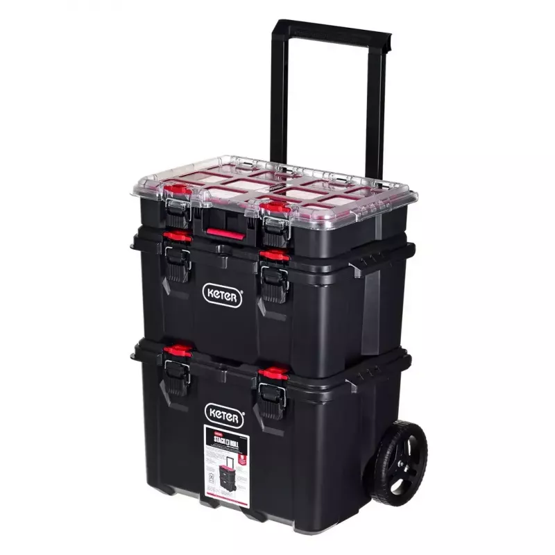 Keter 250927 – 3 vnt. sukraunamų technopolimerinių dėžių rinkinys su ratukais ir užraktu, 525×694×411 mm, juodos spalvos