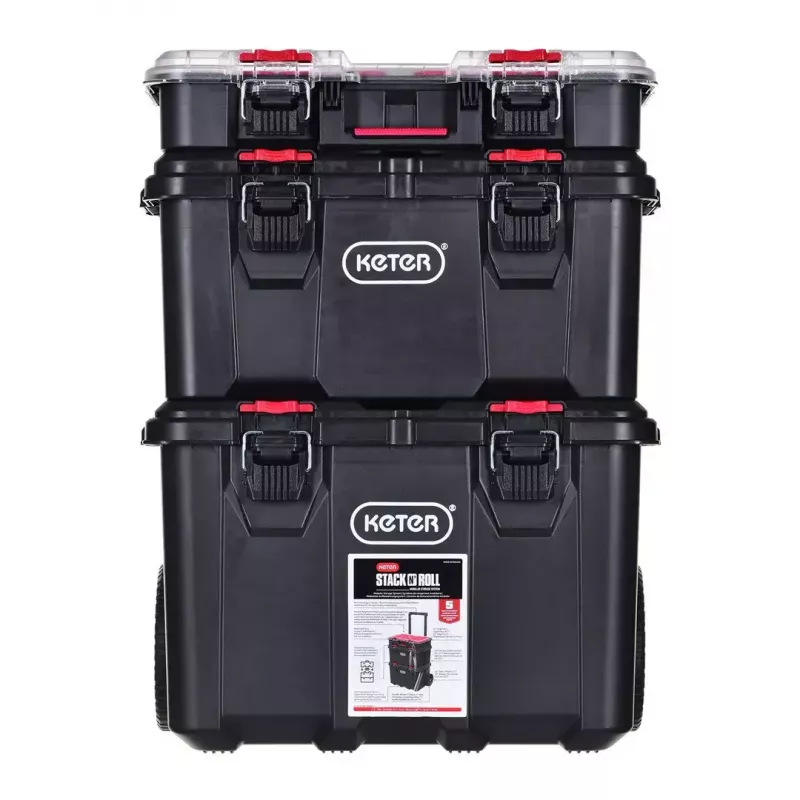 Keter 250927 – 3 vnt. sukraunamų technopolimerinių dėžių rinkinys su ratukais ir užraktu, 525×694×411 mm, juodos spalvos