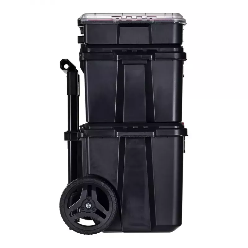 Keter 250927 – 3 vnt. sukraunamų technopolimerinių dėžių rinkinys su ratukais ir užraktu, 525×694×411 mm, juodos spalvos