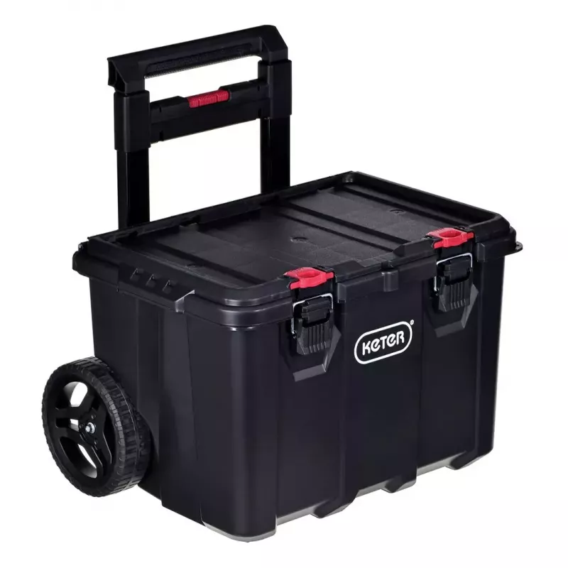 Keter 250927 – 3 vnt. sukraunamų technopolimerinių dėžių rinkinys su ratukais ir užraktu, 525×694×411 mm, juodos spalvos