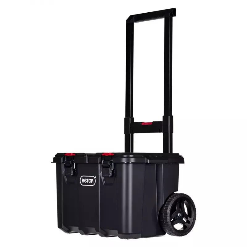 Keter 250927 – 3 vnt. sukraunamų technopolimerinių dėžių rinkinys su ratukais ir užraktu, 525×694×411 mm, juodos spalvos