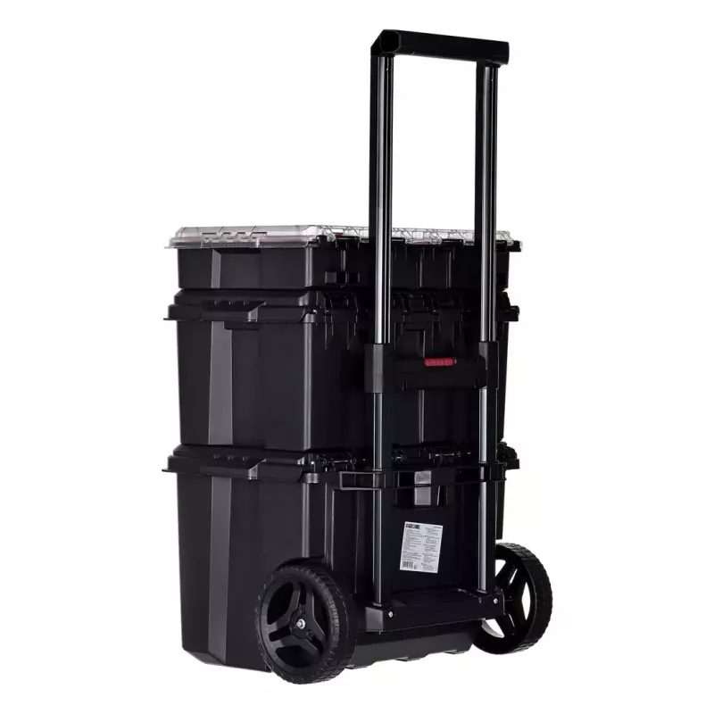 Keter 250927 – 3 vnt. sukraunamų technopolimerinių dėžių rinkinys su ratukais ir užraktu, 525×694×411 mm, juodos spalvos