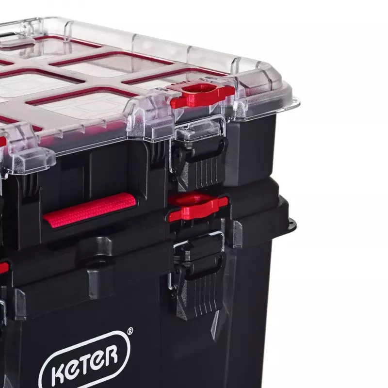 Keter 250927 – 3 vnt. sukraunamų technopolimerinių dėžių rinkinys su ratukais ir užraktu, 525×694×411 mm, juodos spalvos