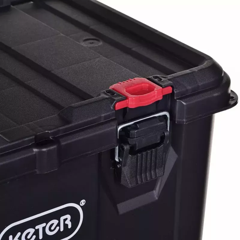 Keter 250927 – 3 vnt. sukraunamų technopolimerinių dėžių rinkinys su ratukais ir užraktu, 525×694×411 mm, juodos spalvos