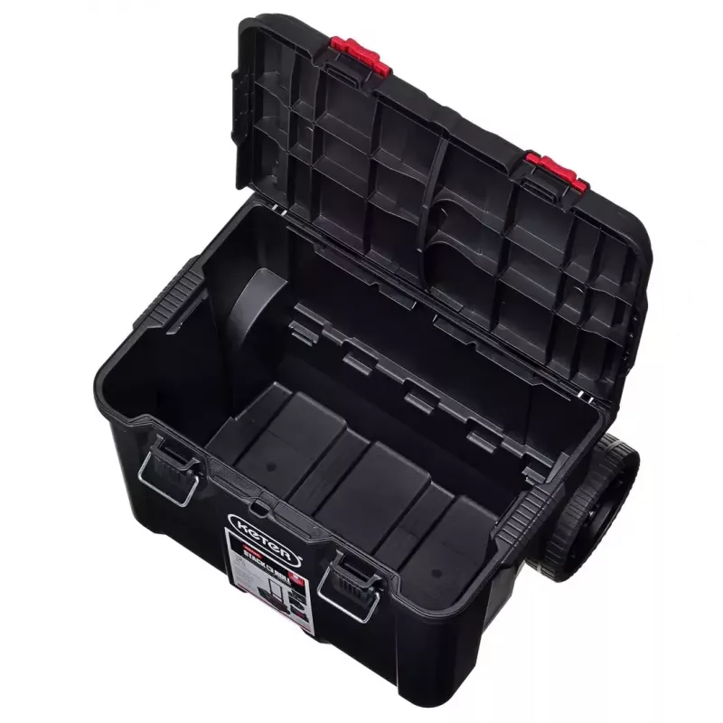 Keter 250927 – 3 vnt. sukraunamų technopolimerinių dėžių rinkinys su ratukais ir užraktu, 525×694×411 mm, juodos spalvos