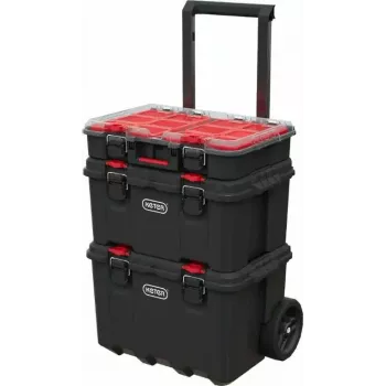 Keter 250927 – 3 vnt. sukraunamų technopolimerinių dėžių rinkinys su ratukais ir užraktu, 525×694×411 mm, juodos spalvos