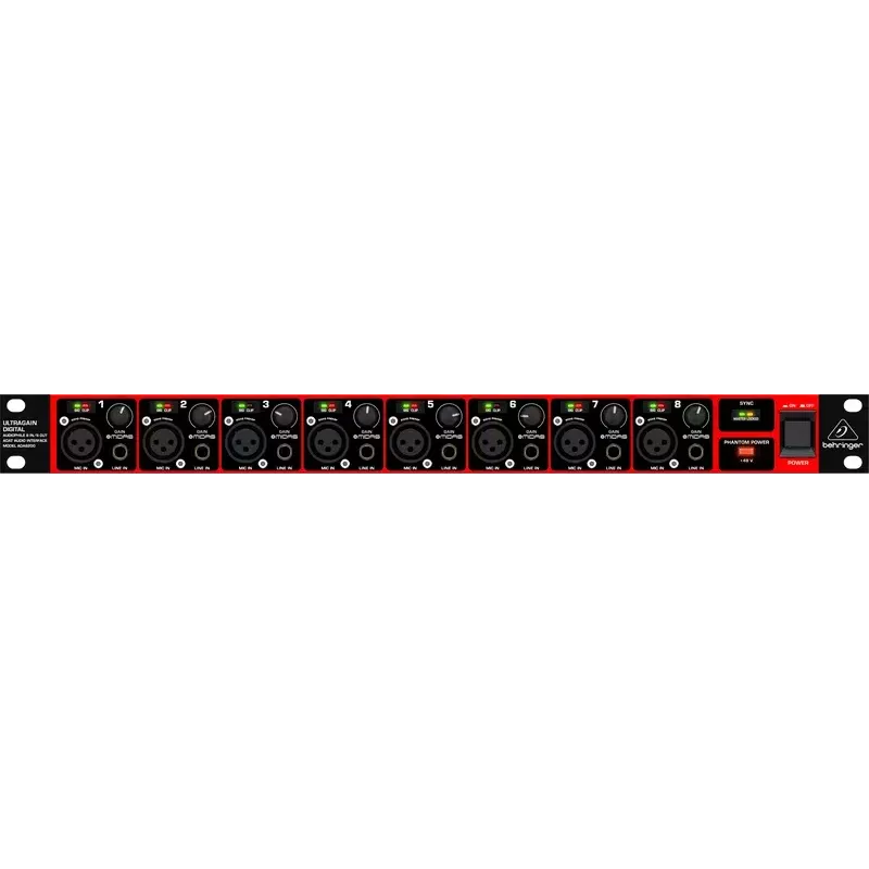 Behringer ULTRAGAIN DIGITAL ADA8200 8 kanalų AD/DA keitiklis, 24 bitų / 48 kHz, XLR I/O, montuojamas stelaže